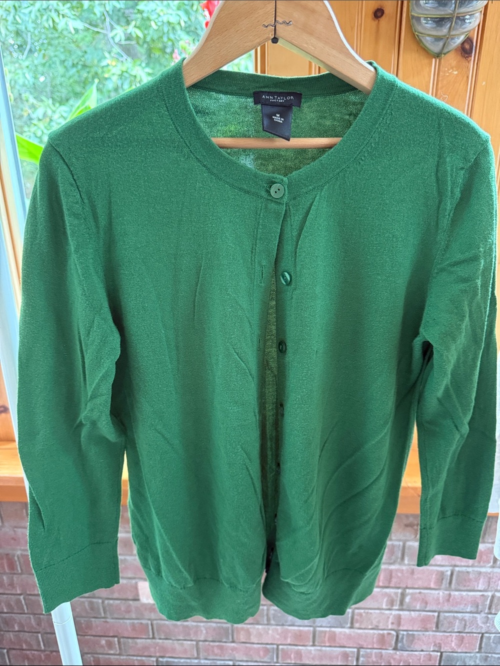 Ann Taylor 100% Cotton Emerald Green Crewneck Button-Front Cardigan